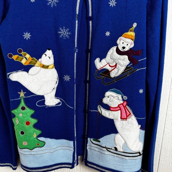 Polar Bear Christmas Cardigan Button Front Sweater Size Medium Blue Holiday - Picture 6 of 6